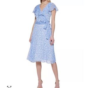 Tommy Hilfiger - Blue Flutter sleeve midi waist dress  - Size 12